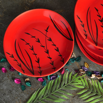 Caffeine Ceramic Handmade red bamboo quarter plate 7”(Set of 4) Microwave Safe & Dishwasher Safe - Caffeine Premium Stoneware