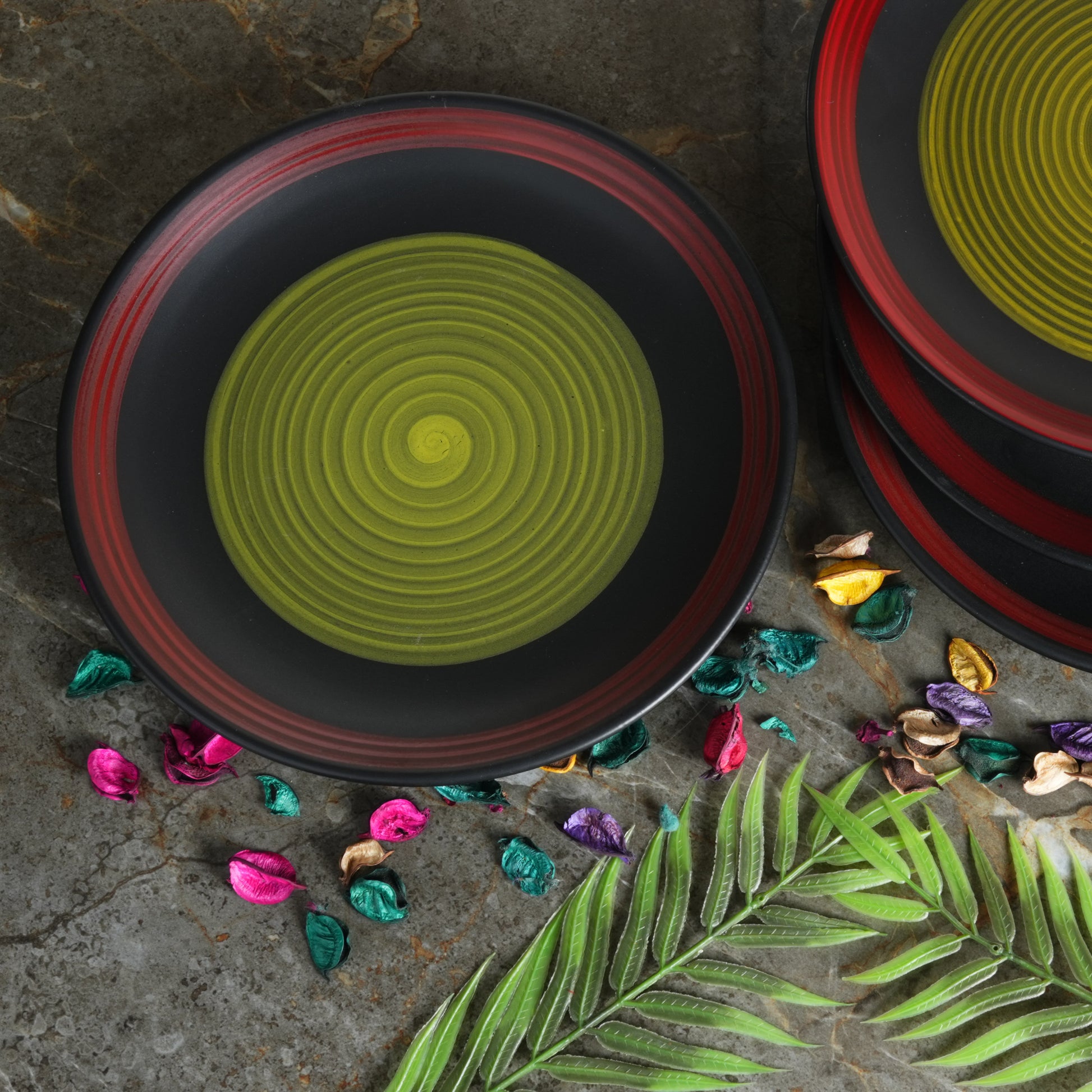 Caffeine Ceramic Handmade Stoneware Green Chandrakari Quarter Plate 7”(Set of 6 ) - Caffeine Premium Stoneware