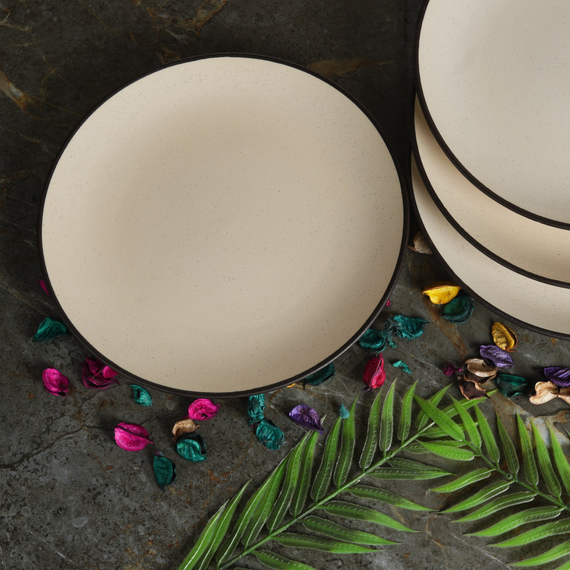 Caffeine Ceramic Handmade Stoneware White and Black Patta Dinner Plates10 inch Set of 6 (Microwave & Dishwasher Safe) - Caffeine Premium Stoneware