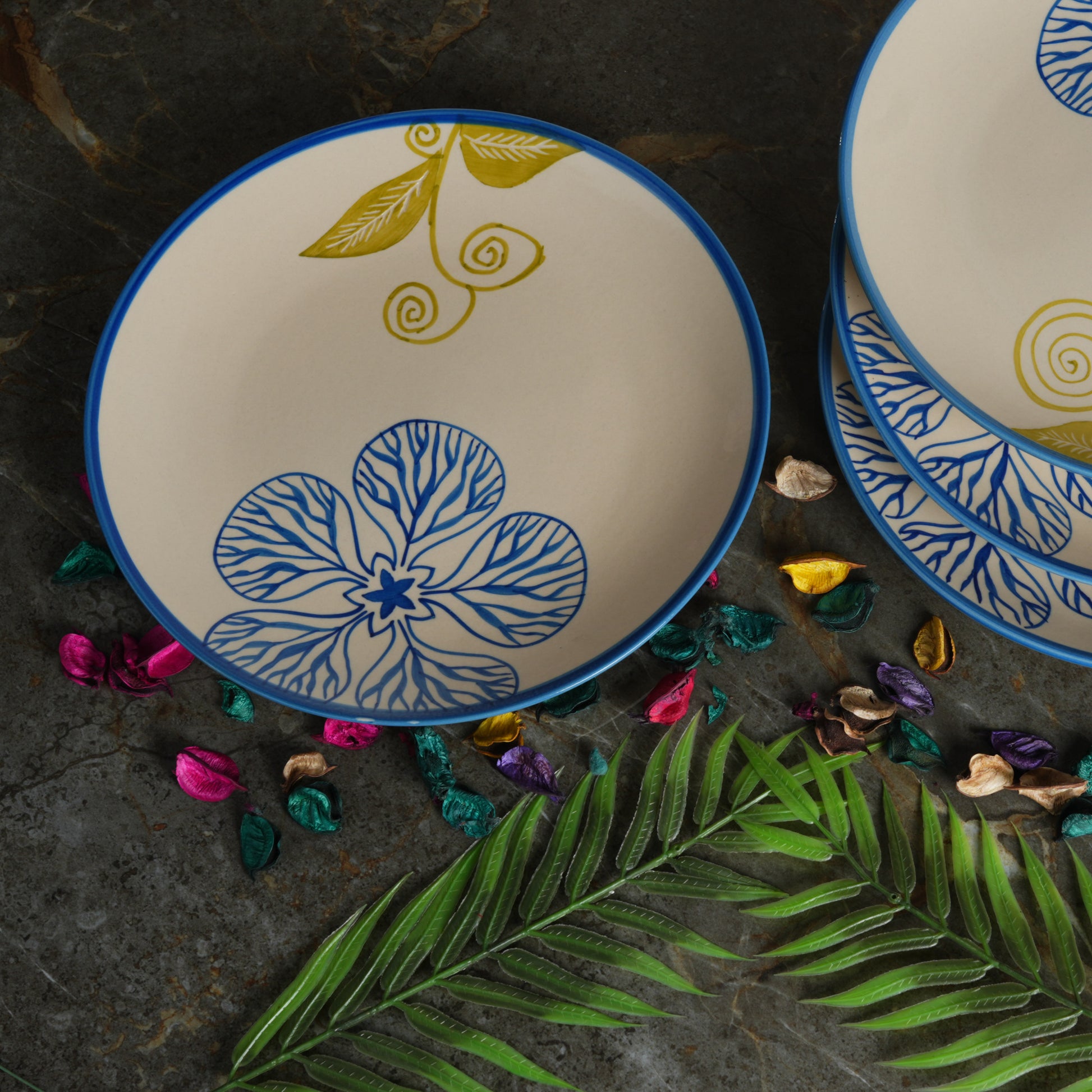 Caffeine Ceramic Handmade White Stoneware Flora Dinner Plate10" Set of 6  (Microwave & Dishwasher Safe) - Caffeine Premium Stoneware