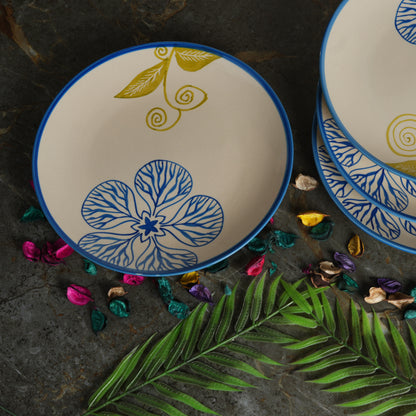 Caffeine Ceramic Handmade White Stoneware Flora Dinner Plate10" Set of 6  (Microwave & Dishwasher Safe) - Caffeine Premium Stoneware