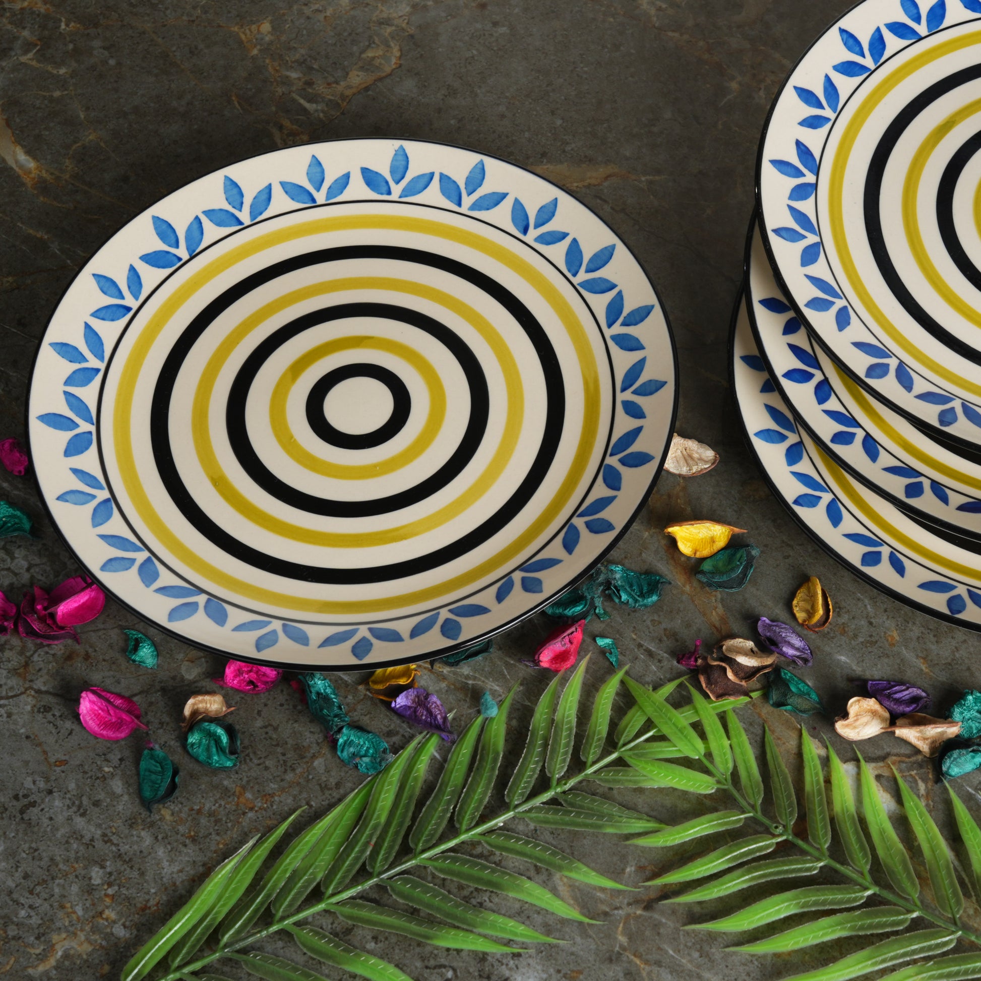 Caffeine Ceramic Handmade Stoneware Blue Asmiya Dinner Plate 10 inch Set of 6 (Microwave & Dishwasher Safe) - Caffeine Premium Stoneware
