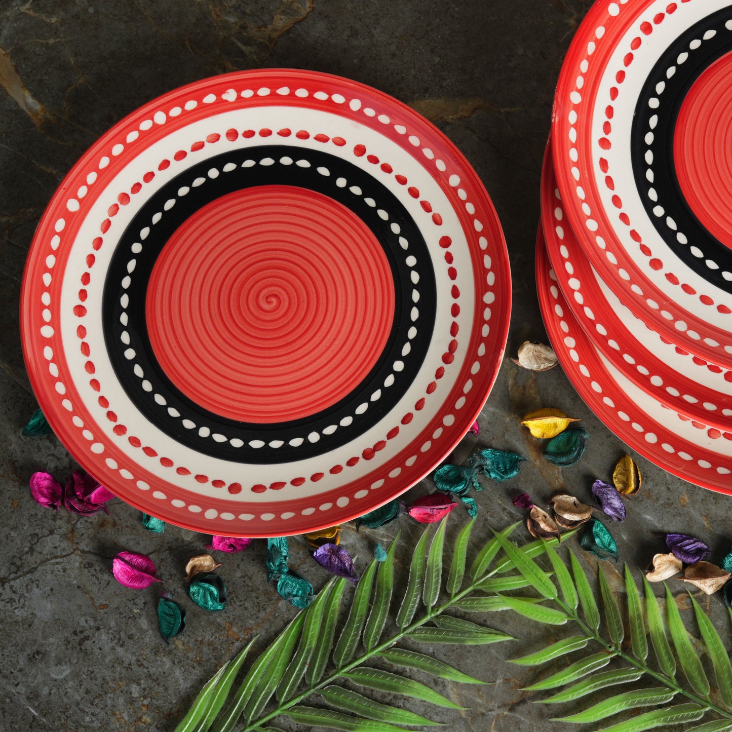 Caffeine Ceramic Handmade Stoneware Red & Black Dotted Dinner Plates10 inch Set of 6  (Microwave & Dishwasher Safe) - Caffeine Premium Stoneware