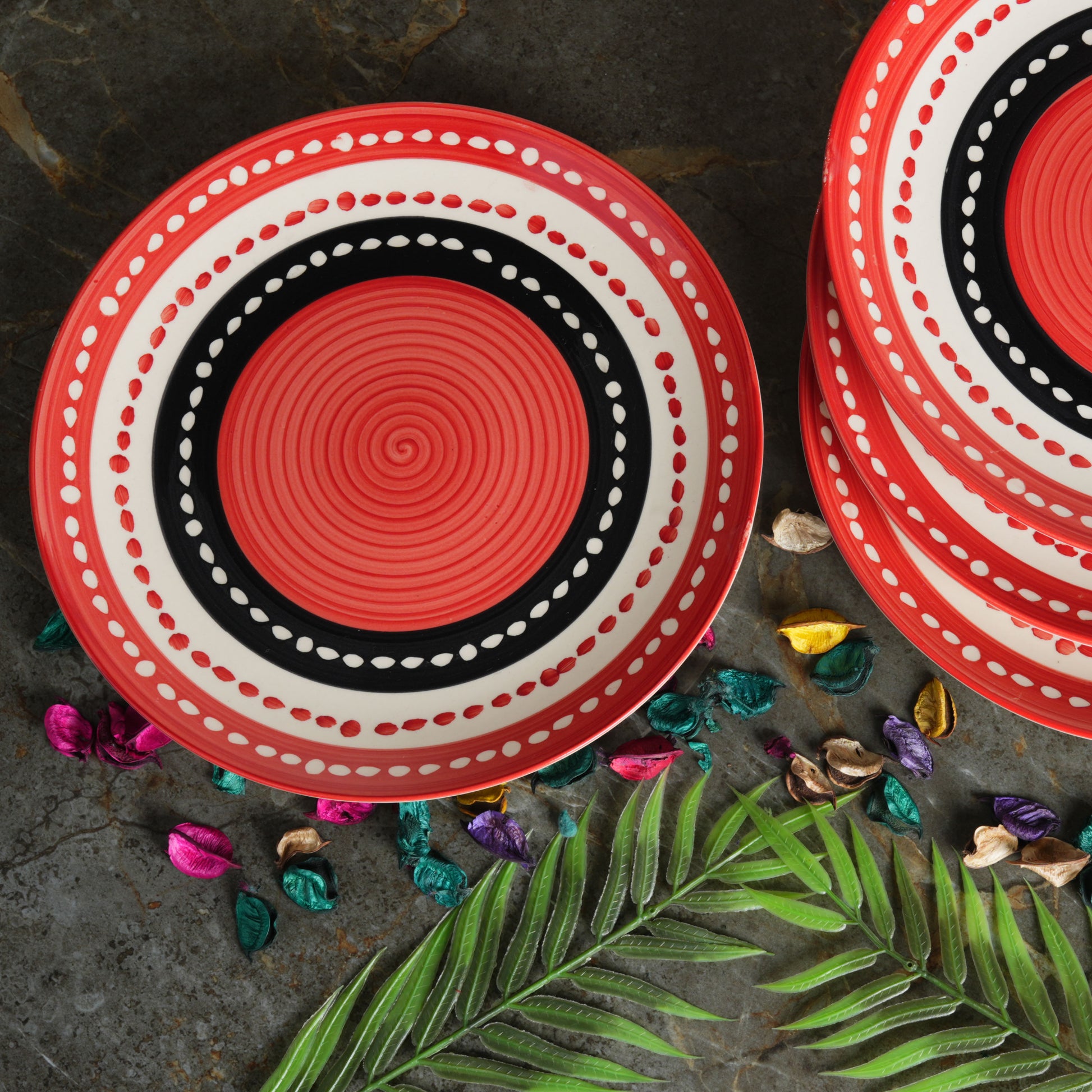 Caffeine Ceramic Handmade Stoneware Red & Black Dotted Dinner Plates10 inch Set of 6  (Microwave & Dishwasher Safe) - Caffeine Premium Stoneware