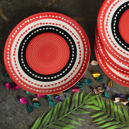 Caffeine Ceramic Handmade Stoneware Red & Black Dotted Dinner Plates10 inch Set of 6  (Microwave & Dishwasher Safe) - Caffeine Premium Stoneware