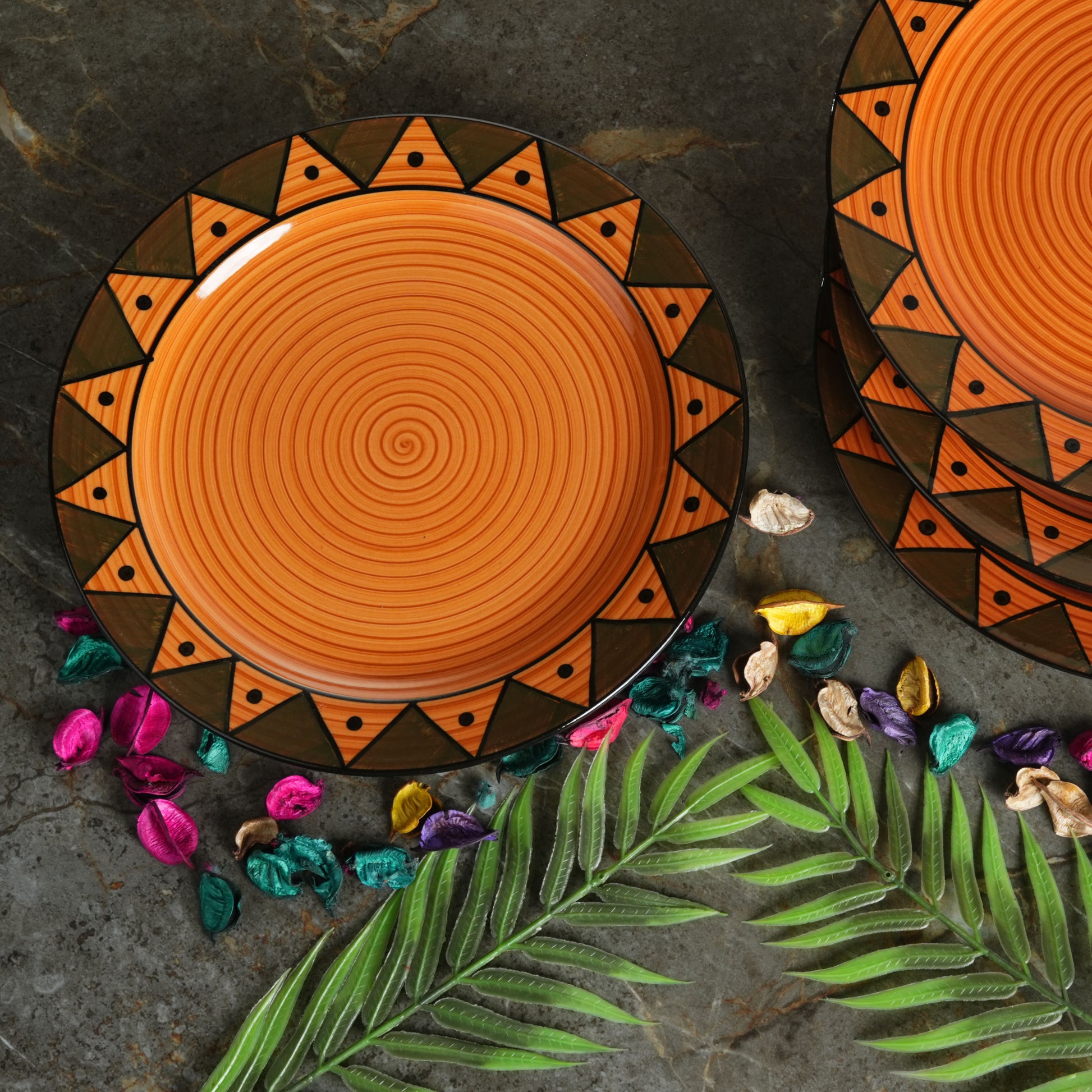Caffeine Ceramic Handmade Stoneware Brown Soorya Print Dinner Plates 10 inch Set of 6 (Microwave & Dishwasher Safe) - Caffeine Premium Stoneware