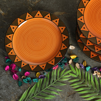 Caffeine Ceramic Handmade Stoneware Brown Soorya Print Dinner Plates 10 inch Set of 6 (Microwave & Dishwasher Safe) - Caffeine Premium Stoneware