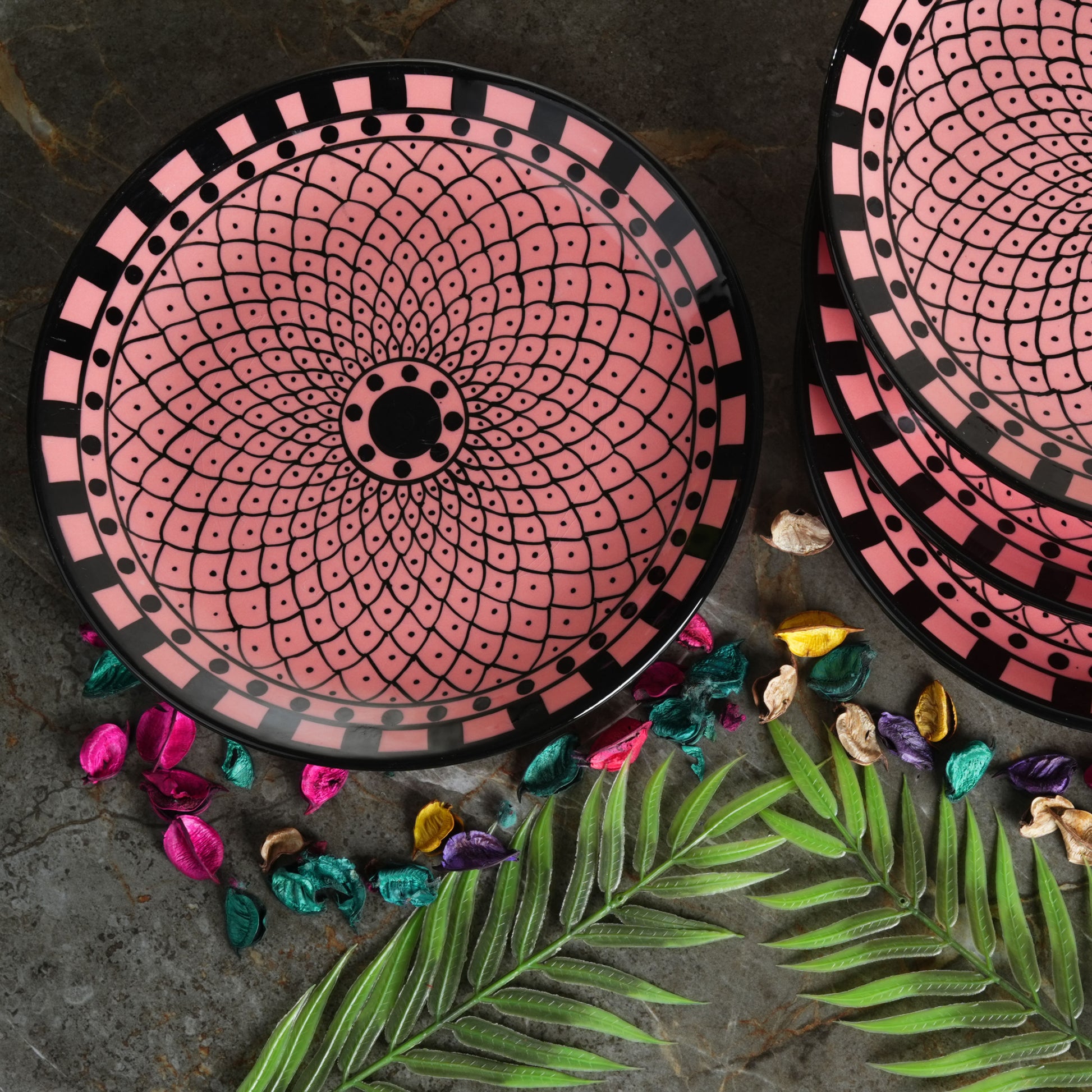 Caffeine Ceramic Handmade Stoneware Pink Flower Printed Dinner Plates10 inch Set of 6 (Microwave & Dishwasher Safe) - Caffeine Premium Stoneware