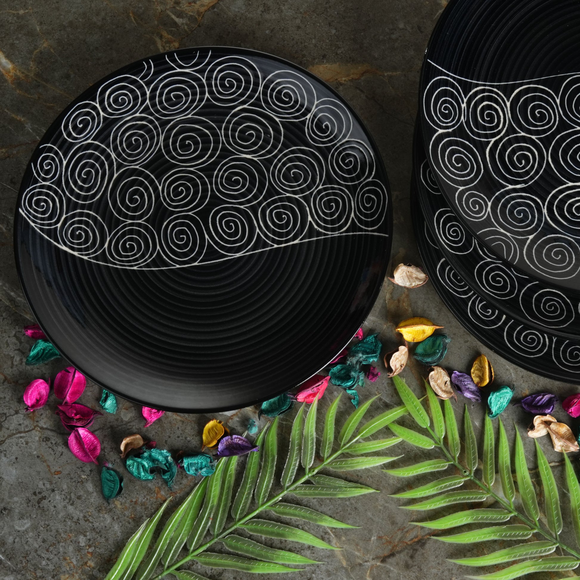 Caffeine Ceramic Handmade Stoneware Black Doddle Dinner Plate 10" inch Set of 6 (Microwave & Dishwasher Safe) - Caffeine Premium Stoneware