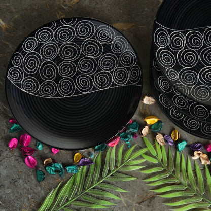Caffeine Ceramic Handmade Stoneware Black Doddle Dinner Plate 10" inch Set of 6 (Microwave & Dishwasher Safe) - Caffeine Premium Stoneware