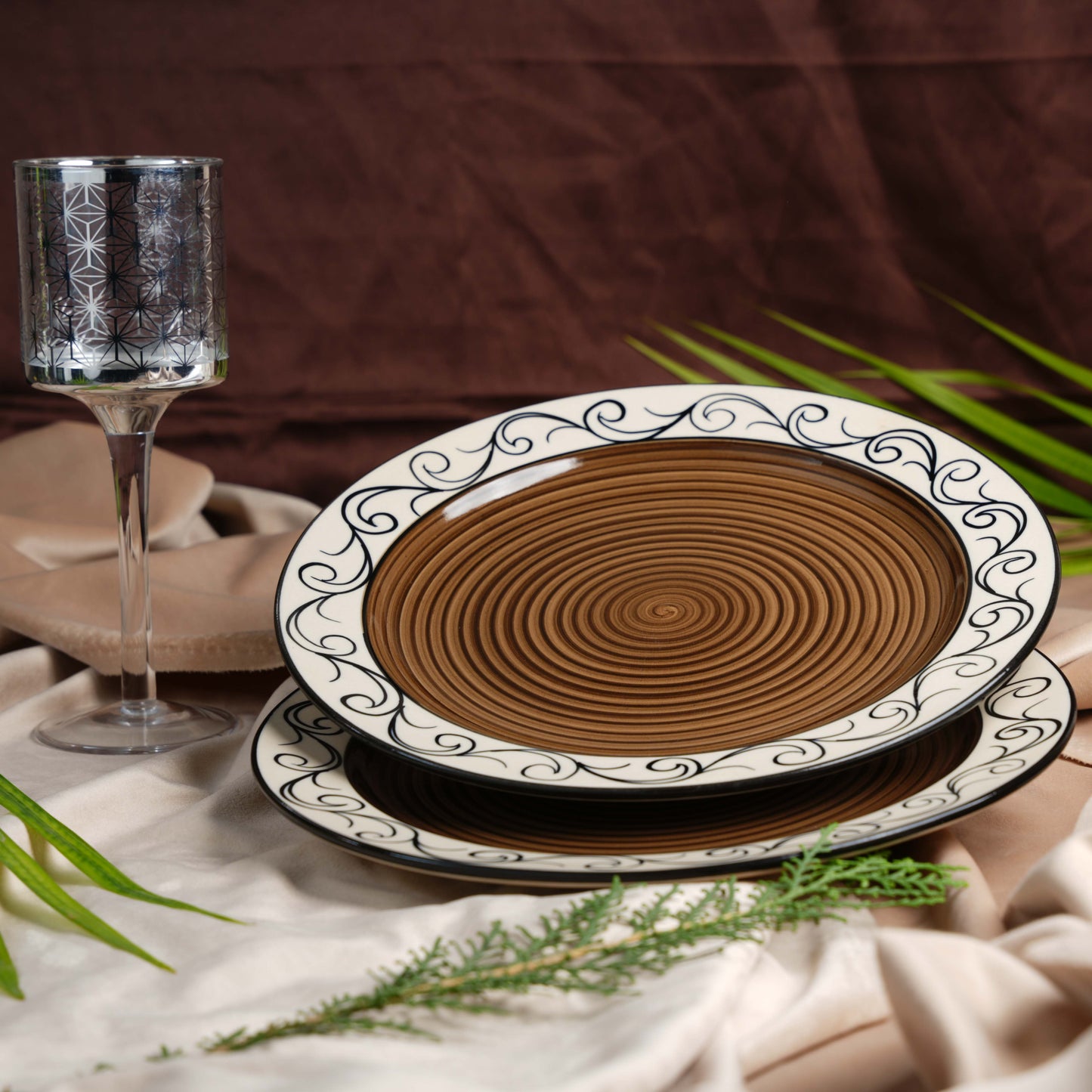 Caffeine Ceramic Handmade Brown Doodle Dinner Plate set of 4 - Caffeine Premium Stoneware