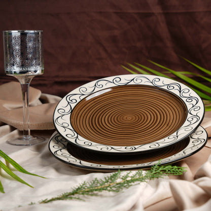 Caffeine Ceramic Handmade Brown Doodle Dinner Plate set of 4 - Caffeine Premium Stoneware