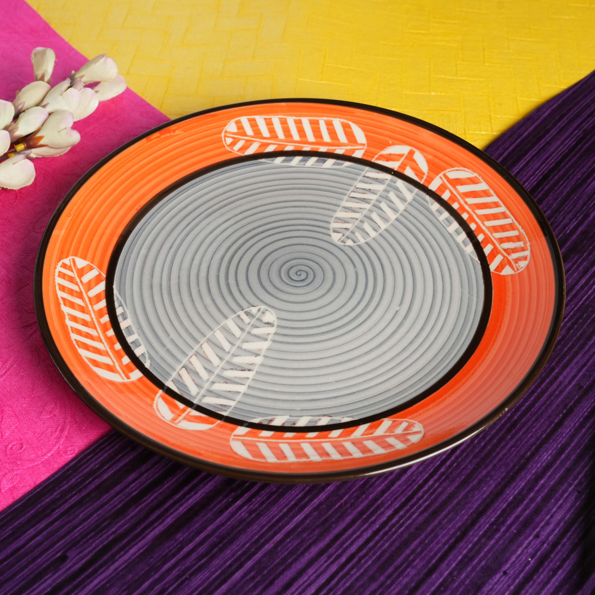 Caffeine Ceramic Handmade Stoneware Orange Royal Leaf Dinner Plate Plate set of 4 - Caffeine Premium Stoneware
