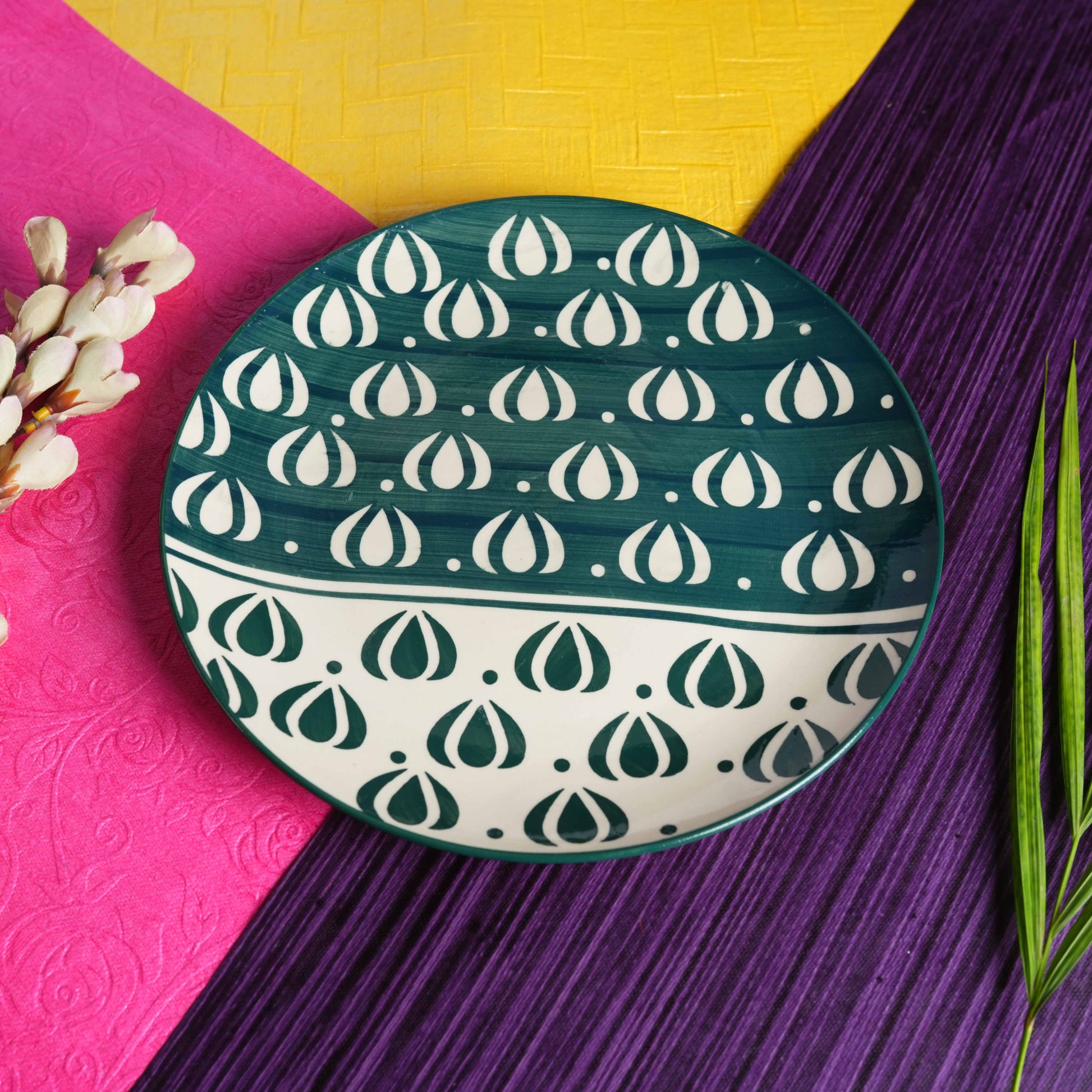 Caffeine Ceramic Handmade Green Mughal Dinner Plates ( 10 inch set of 2) - Caffeine Premium Stoneware