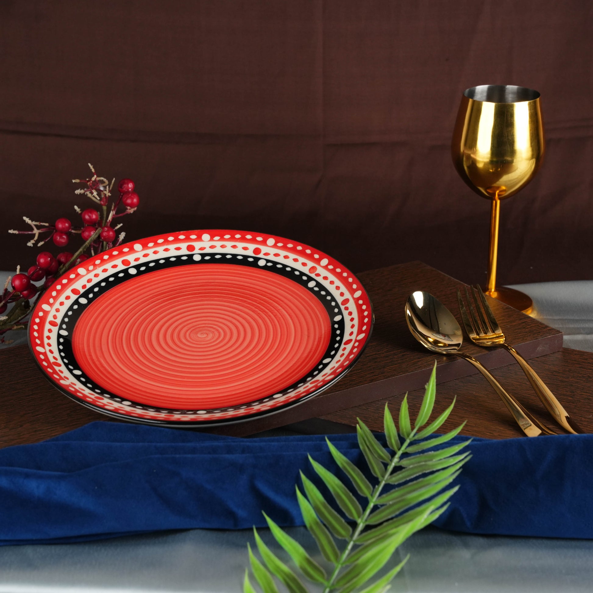 Caffeine Ceramic Handmade Stoneware Red & Black Dotted Dinner Plates10 inch Set of 6  (Microwave & Dishwasher Safe) - Caffeine Premium Stoneware