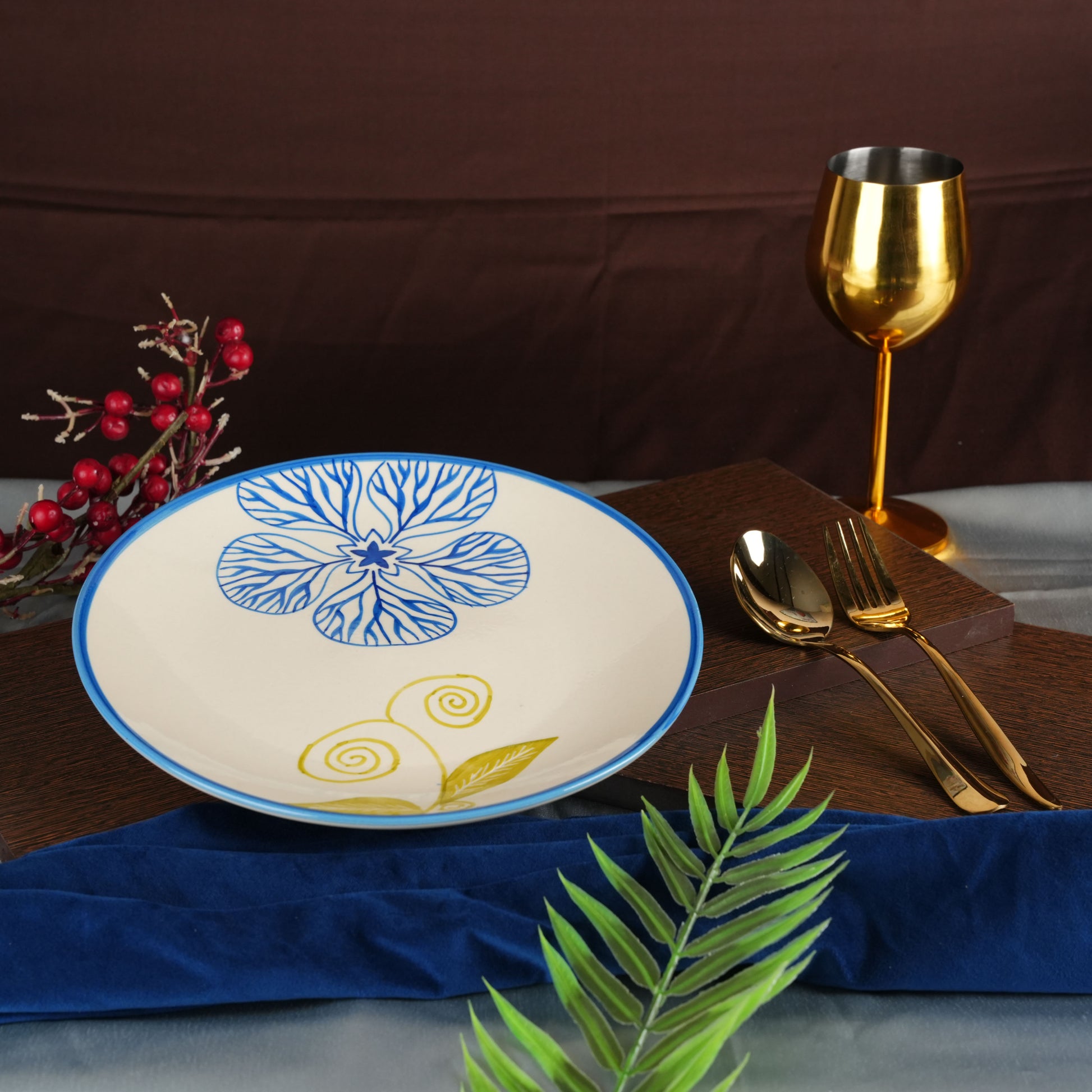 Caffeine Ceramic Handmade White Stoneware Flora Dinner Plate10" Set of 6  (Microwave & Dishwasher Safe) - Caffeine Premium Stoneware