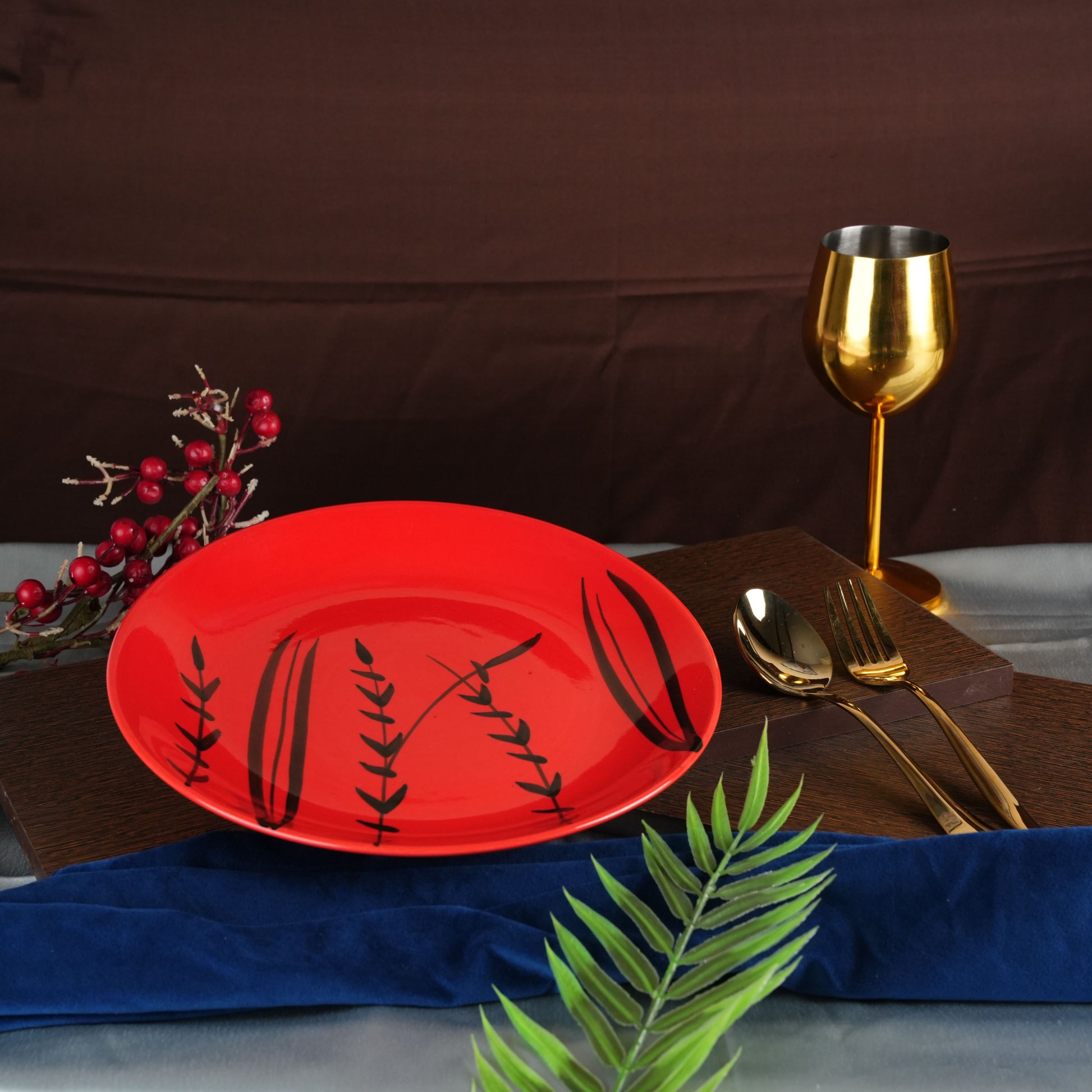 Caffeine Ceramic Handmade red bamboo quarter plate 7”(Set of 4) Microwave Safe & Dishwasher Safe - Caffeine Premium Stoneware