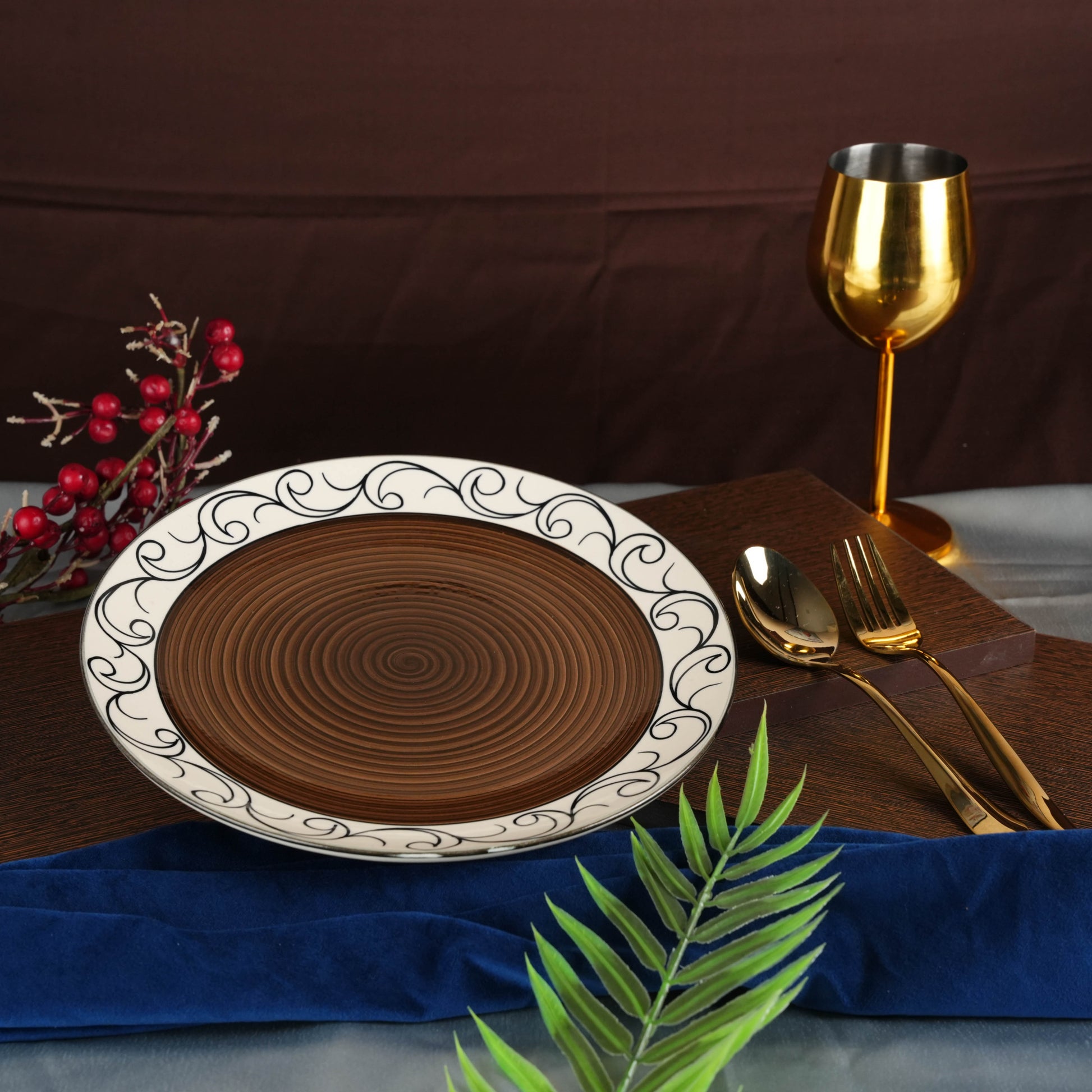 Caffeine Ceramic Handmade Brown Doodle Dinner Plate 10" inch(Set of 6) - Caffeine Premium Stoneware