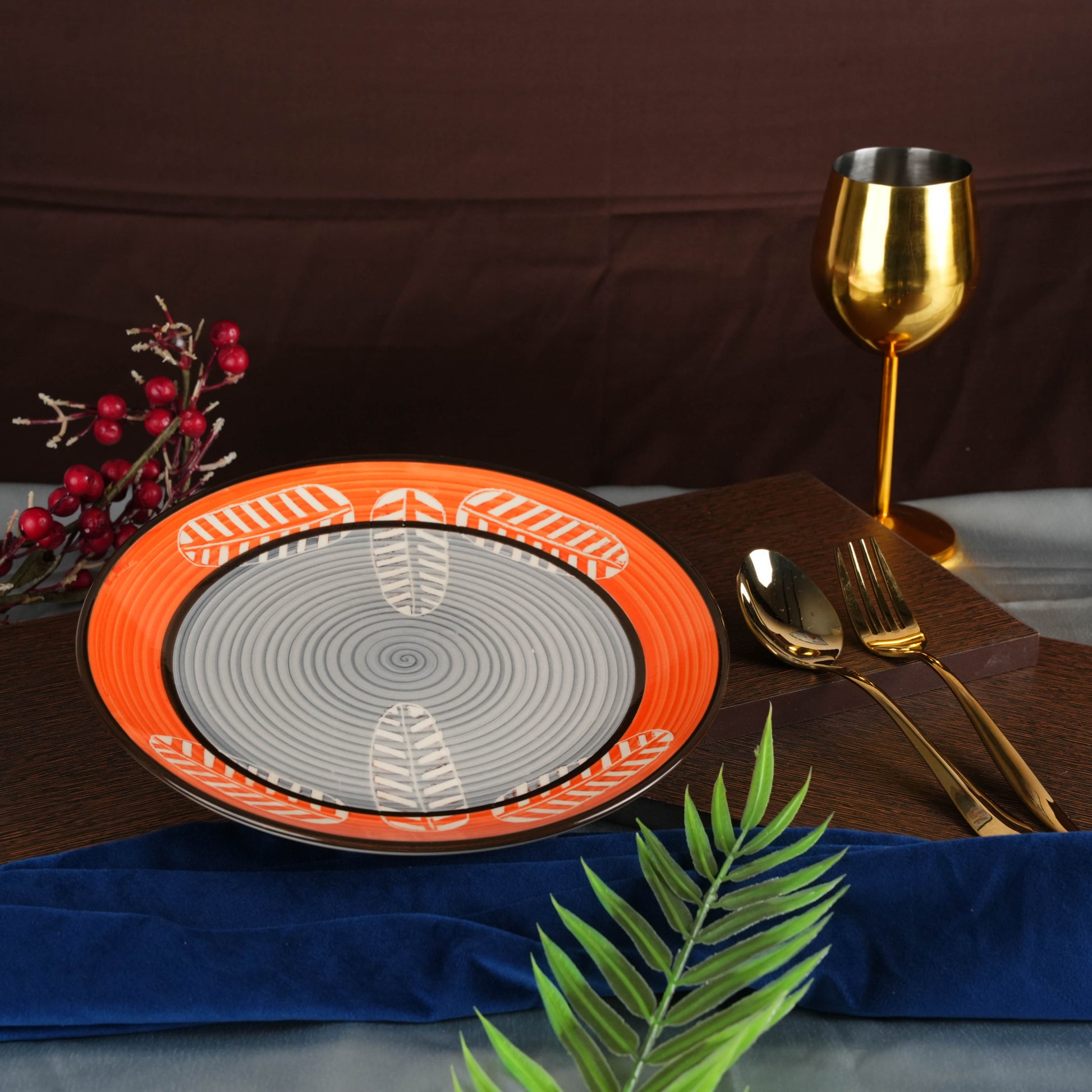 Caffeine Ceramic Handmade Stoneware Orange and Gray Royal Leaf Print Quarter Plate 7” (Set of 2 Dishwasher & Microwave safe ) - Caffeine Premium Stoneware