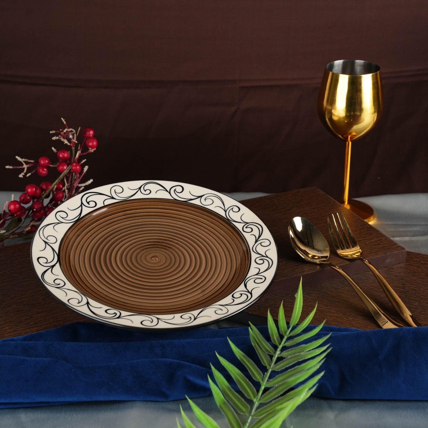 Caffeine Ceramic Handmade Brown Doodle Dinner Plate set of 4 - Caffeine Premium Stoneware