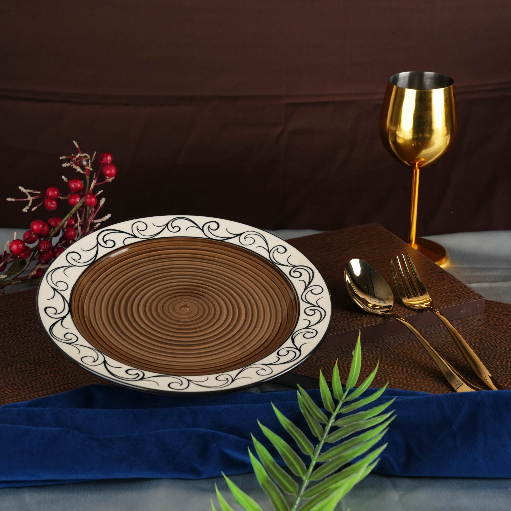 Caffeine Ceramic Handmade Brown Doodle Dinner Plate set of 4 - Caffeine Premium Stoneware