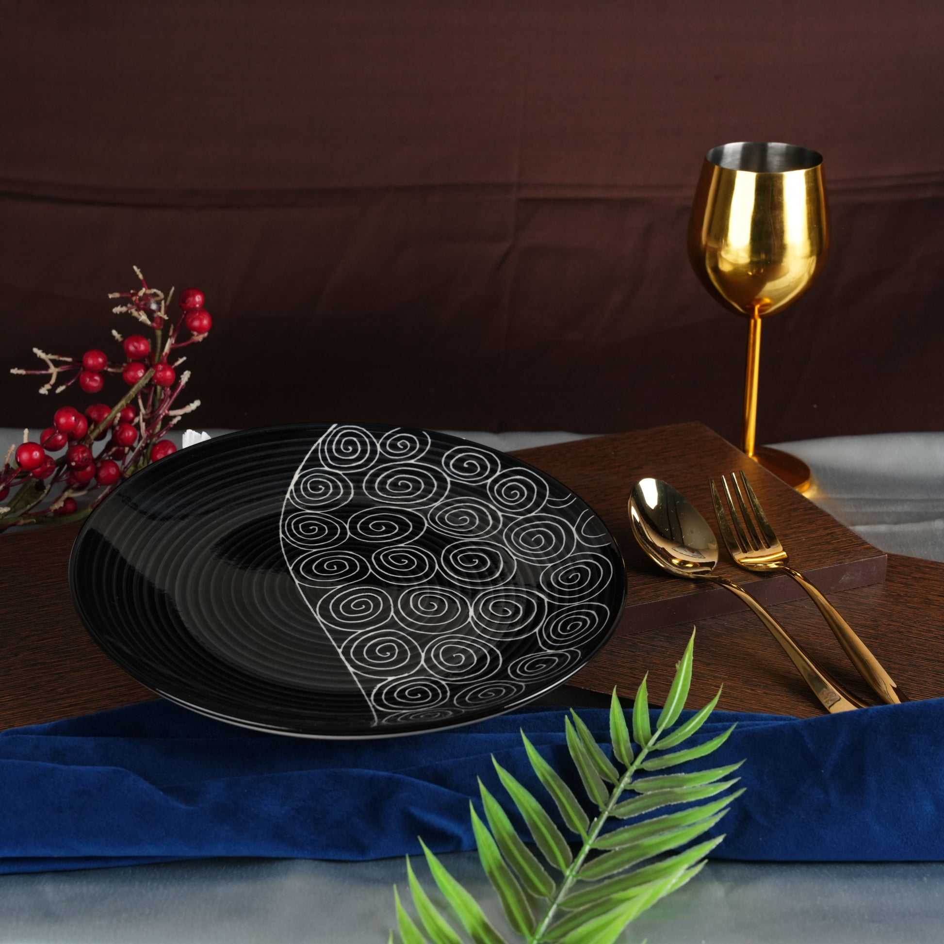 Caffeine Ceramic Handmade Stoneware Black Doddle Dinner Plate 10" inch Set of 6 (Microwave & Dishwasher Safe) - Caffeine Premium Stoneware