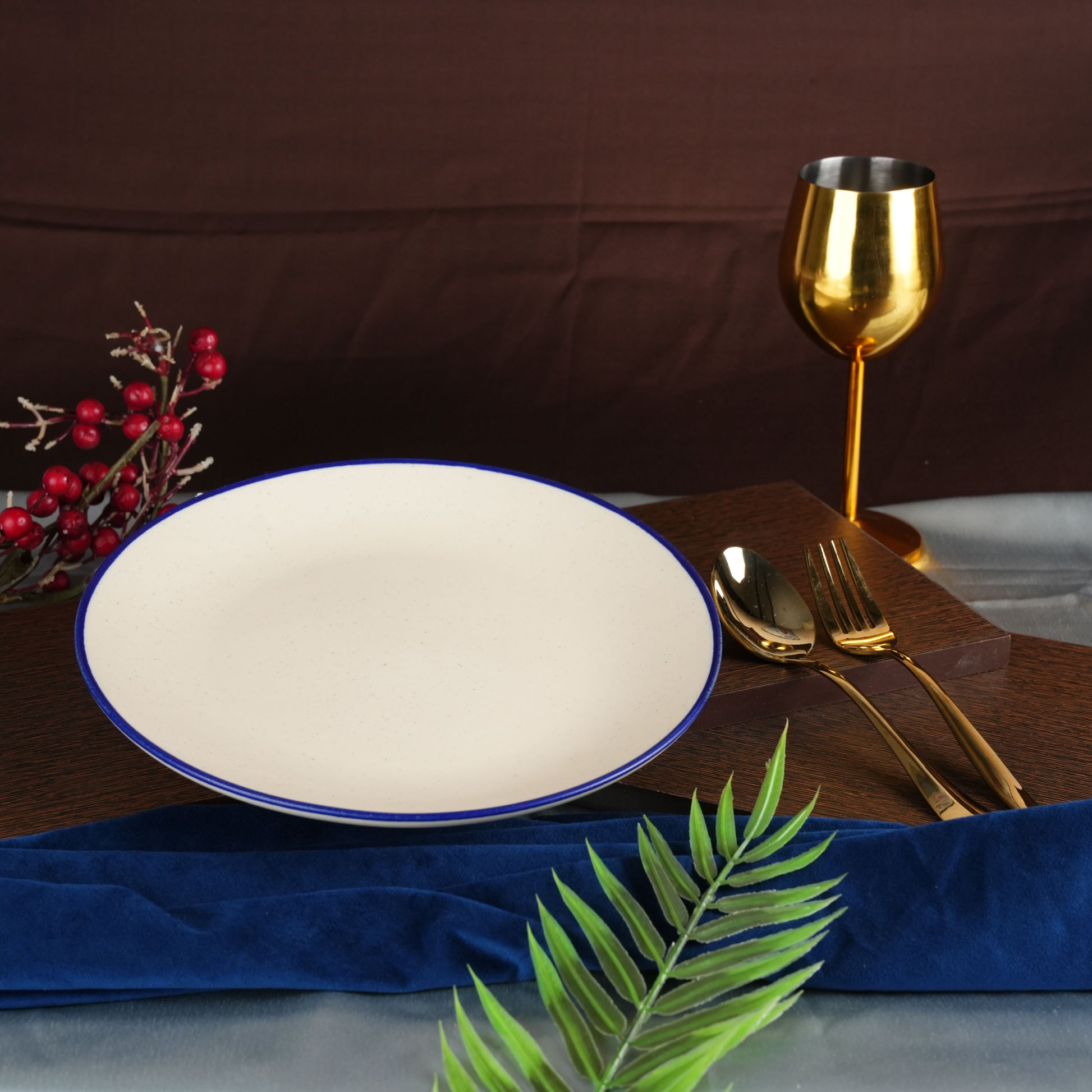 Caffeine Ceramic Handmade Stoneware White Matte blue patti quarter plate 7”(Set of 2) - Caffeine Premium Stoneware