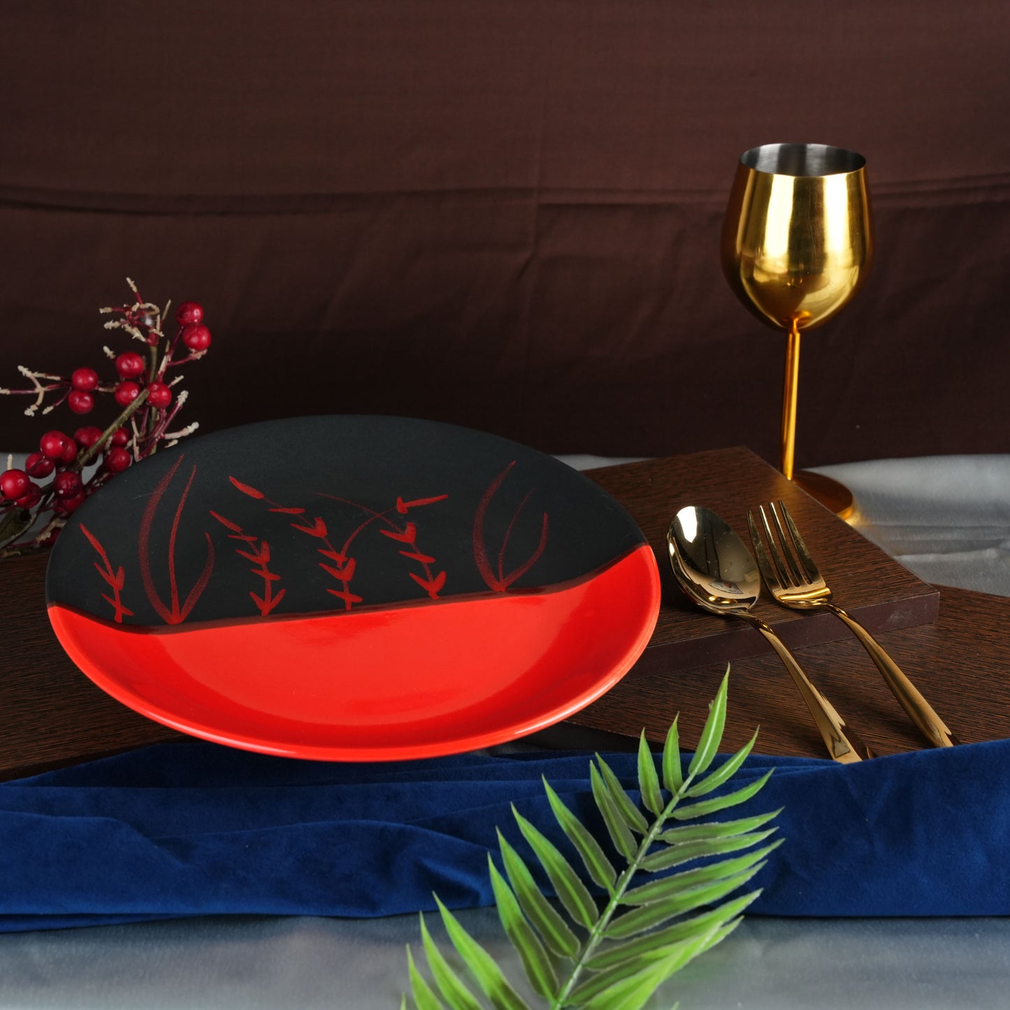 Caffeine Ceramic Handmade Stoneware Half Red & Black Bamboo Quarter Plate 7”(Set of 6 ) - Caffeine Premium Stoneware