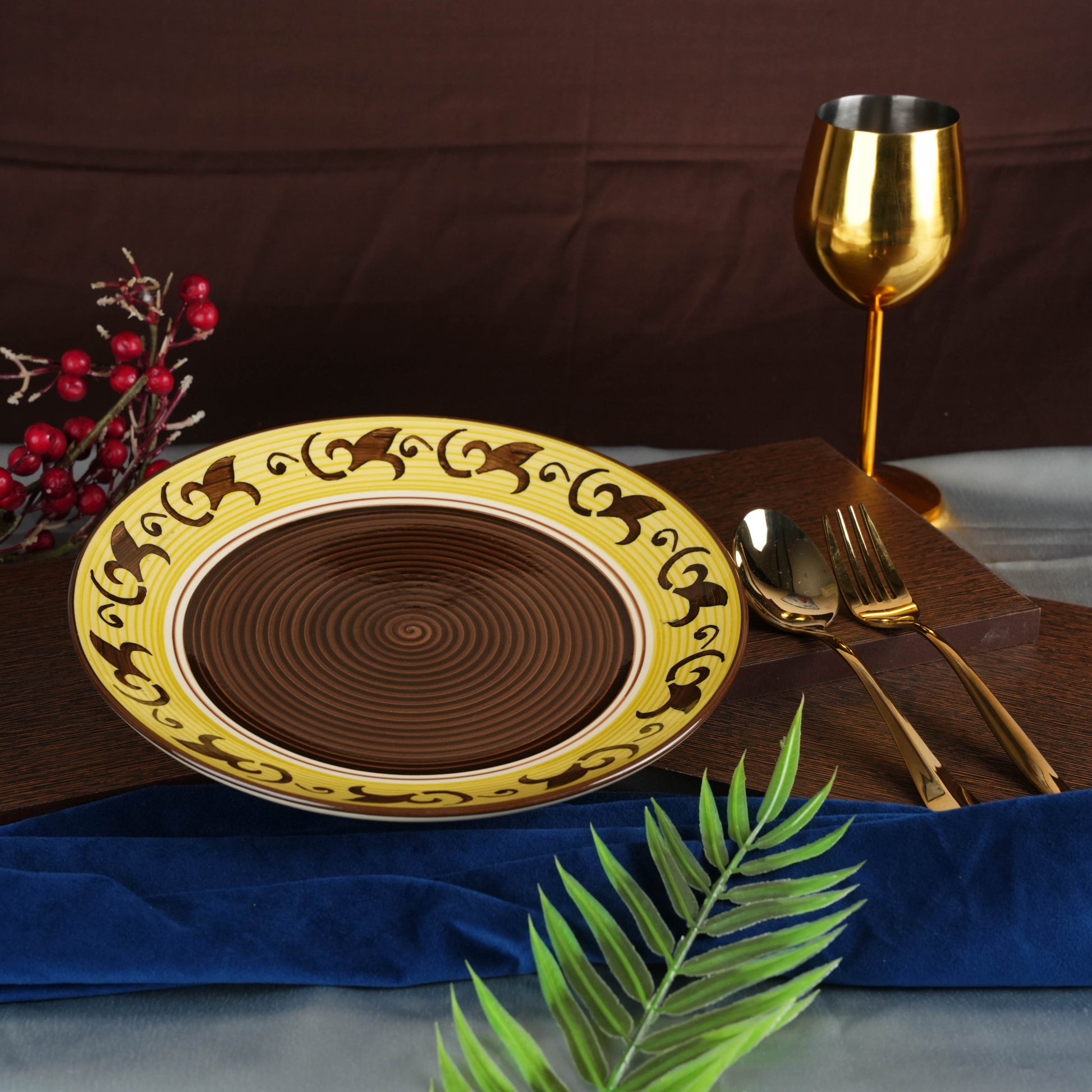 Caffeine Ceramic Handmade Stoneware Brown & Yellow Leaf Quarter Plate 7” (Set of 2 Dishwasher & Microwave safe) - Caffeine Premium Stoneware