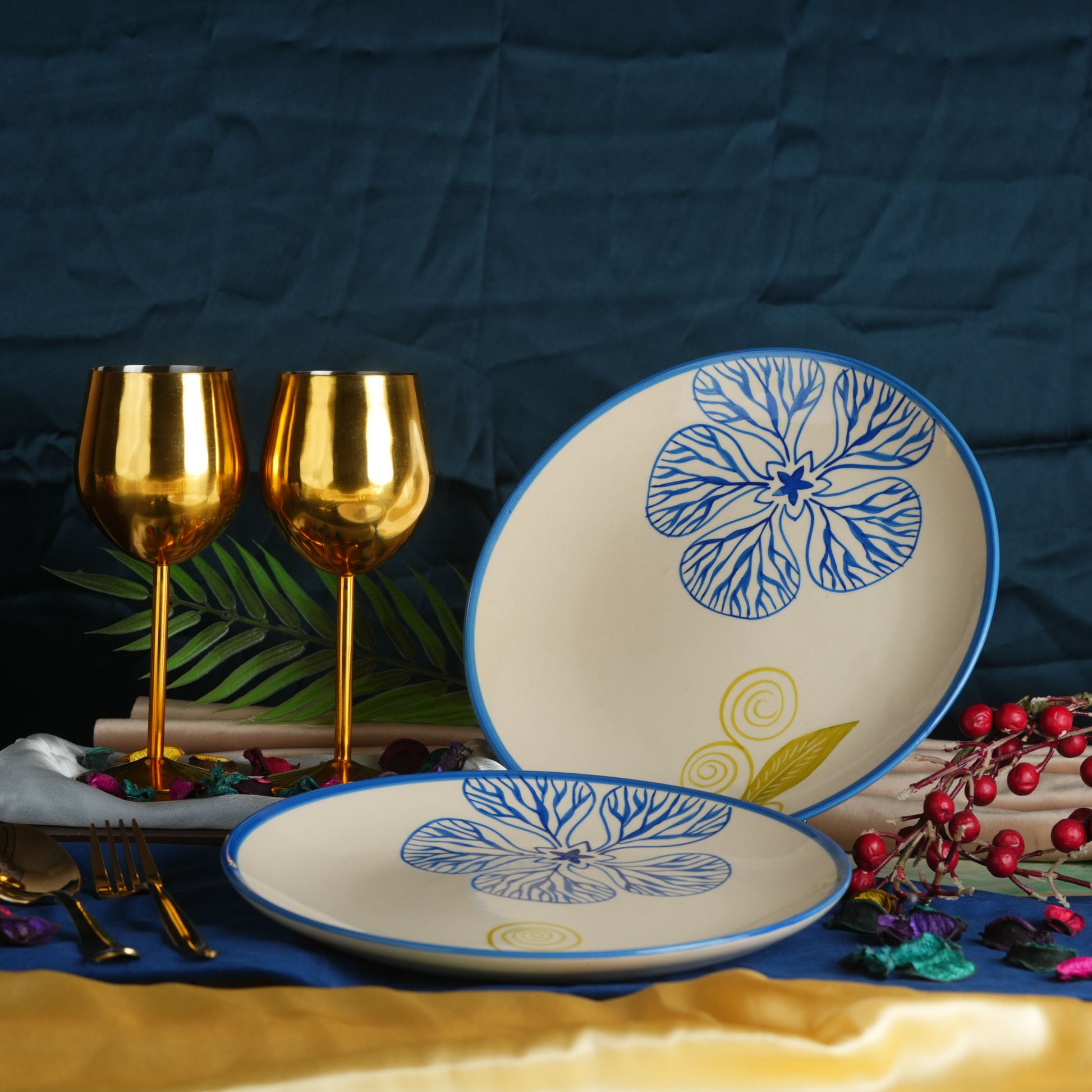 Caffeine Ceramic Handmade White Stoneware Flora Dinner Plate10" Set of 6  (Microwave & Dishwasher Safe) - Caffeine Premium Stoneware