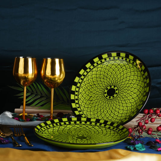 Caffeine Ceramic Handmade Stoneware Green Flora Pattern Quarter plate 7”(Set of 2 Dishwasher & Microwave safe) - Caffeine Premium Stoneware