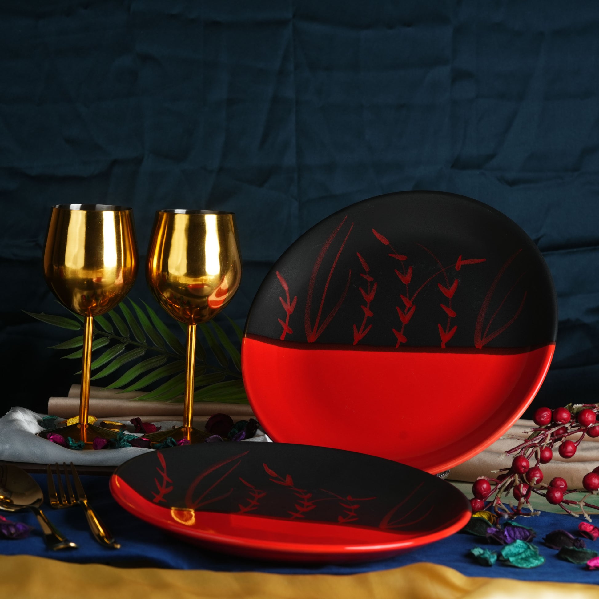 Caffeine Ceramic Handmade Stoneware Half Red & Black Bamboo Quarter Plate 7”(Set of 6 ) - Caffeine Premium Stoneware