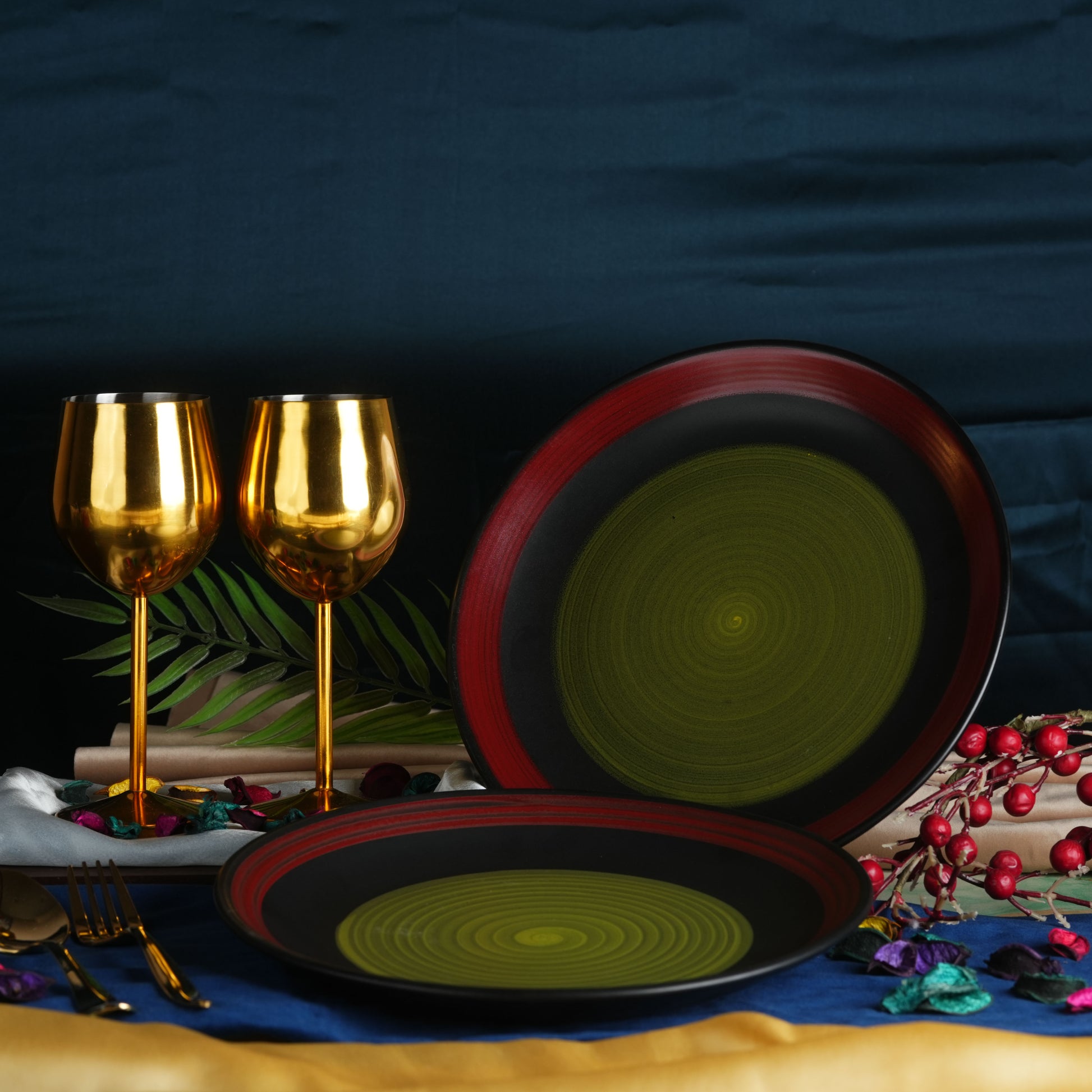 Caffeine Ceramic Handmade Stoneware Green Chandrakari Quarter Plate 7”(Set of 6 ) - Caffeine Premium Stoneware