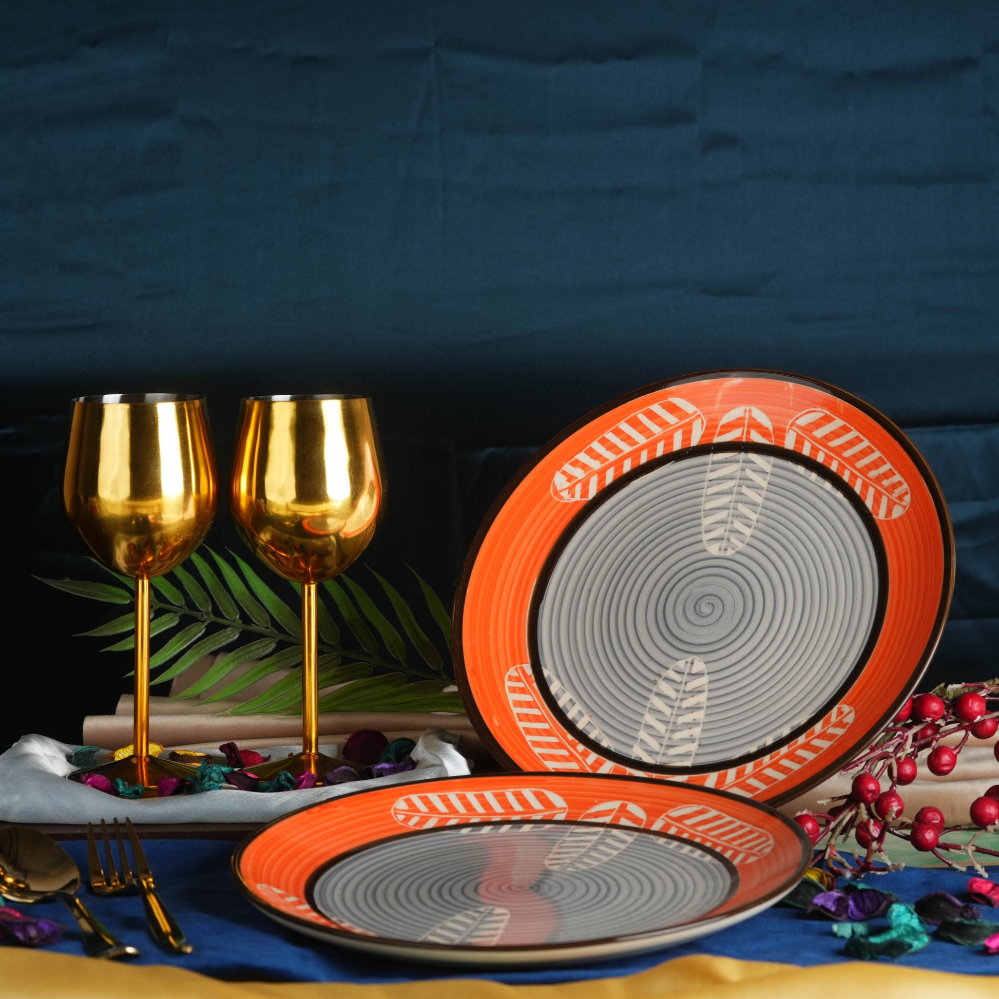 Caffeine Ceramic Handmade Stoneware Orange Leaf Printed Dinner Plate10 inch Set of 6  (Microwave & Dishwasher Safe) - Caffeine Premium Stoneware