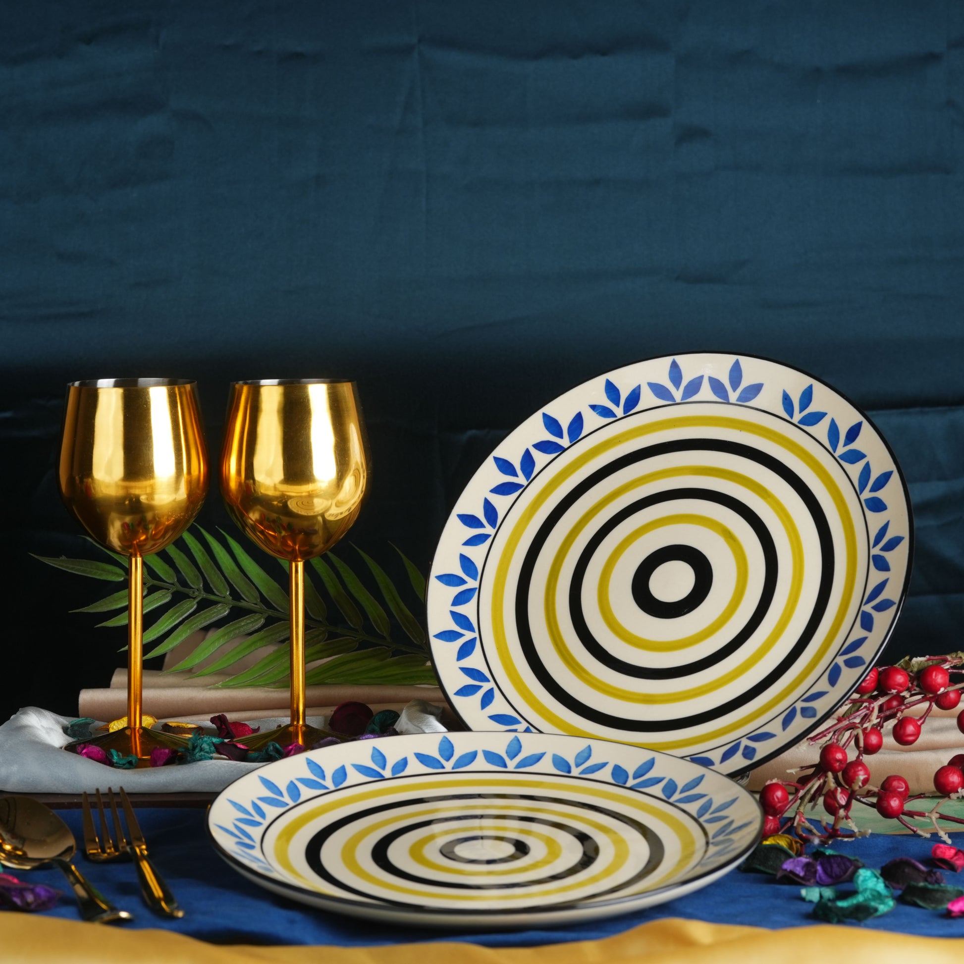 Caffeine Ceramic Handmade Stoneware Blue Asmiya Dinner Plate 10 inch Set of 6 (Microwave & Dishwasher Safe) - Caffeine Premium Stoneware