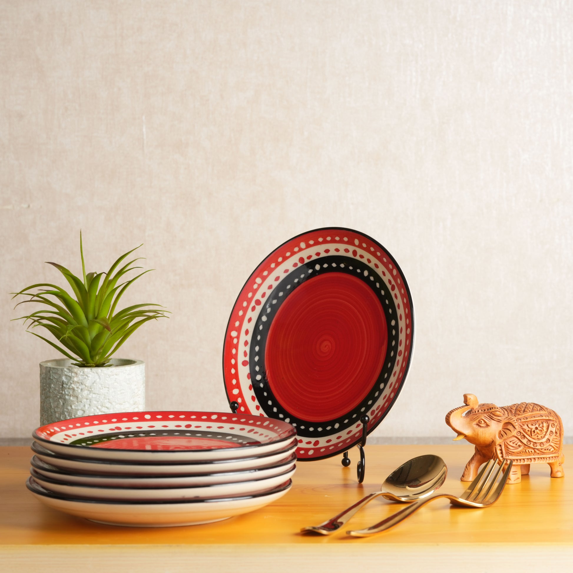 Caffeine Ceramic Handmade Stoneware Red & Black Dotted Dinner Plates10 inch Set of 6  (Microwave & Dishwasher Safe) - Caffeine Premium Stoneware