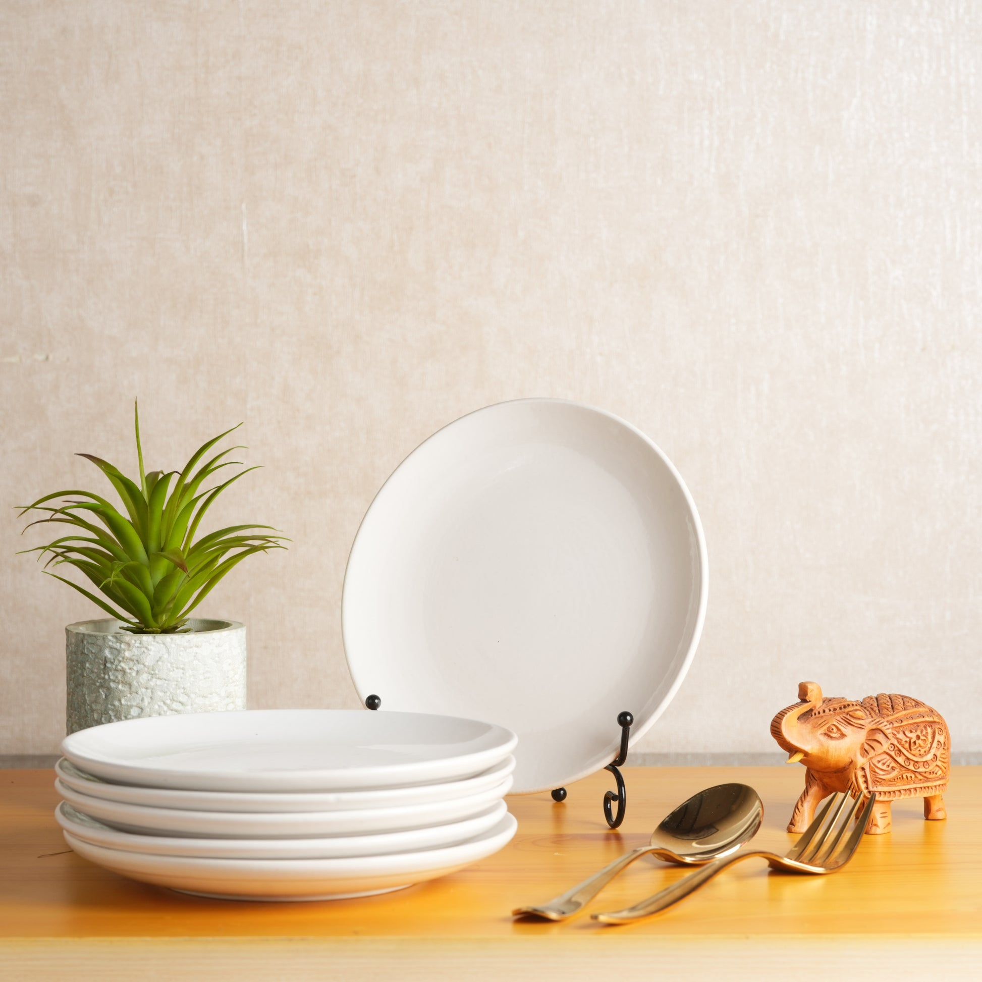 Caffeine Ceramic Handmade White Glossy Dinner Plate 10" inch(Set of 6) - Caffeine Premium Stoneware