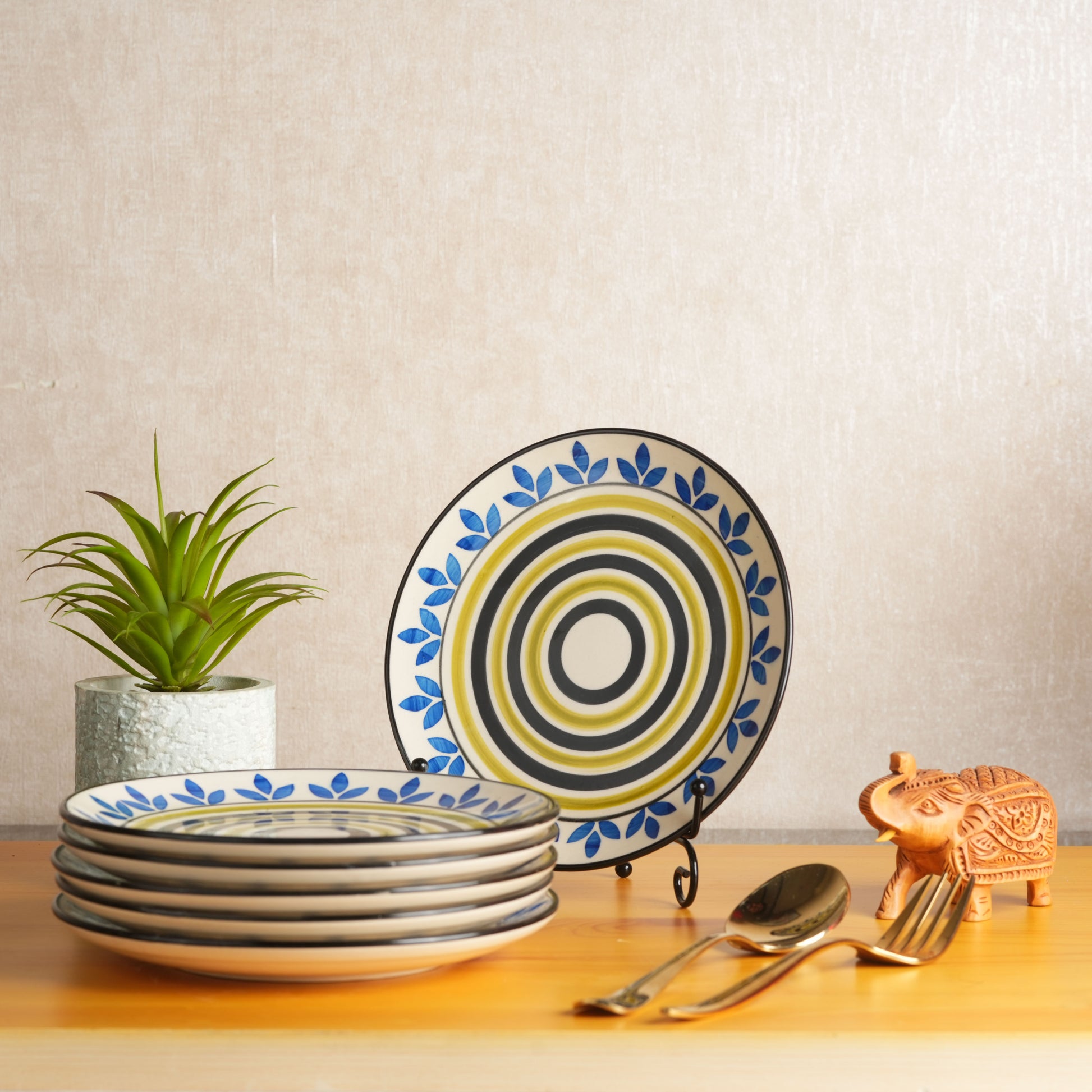 Caffeine Ceramic Handmade Stoneware Blue Asmiya Dinner Plate 10 inch Set of 6 (Microwave & Dishwasher Safe) - Caffeine Premium Stoneware