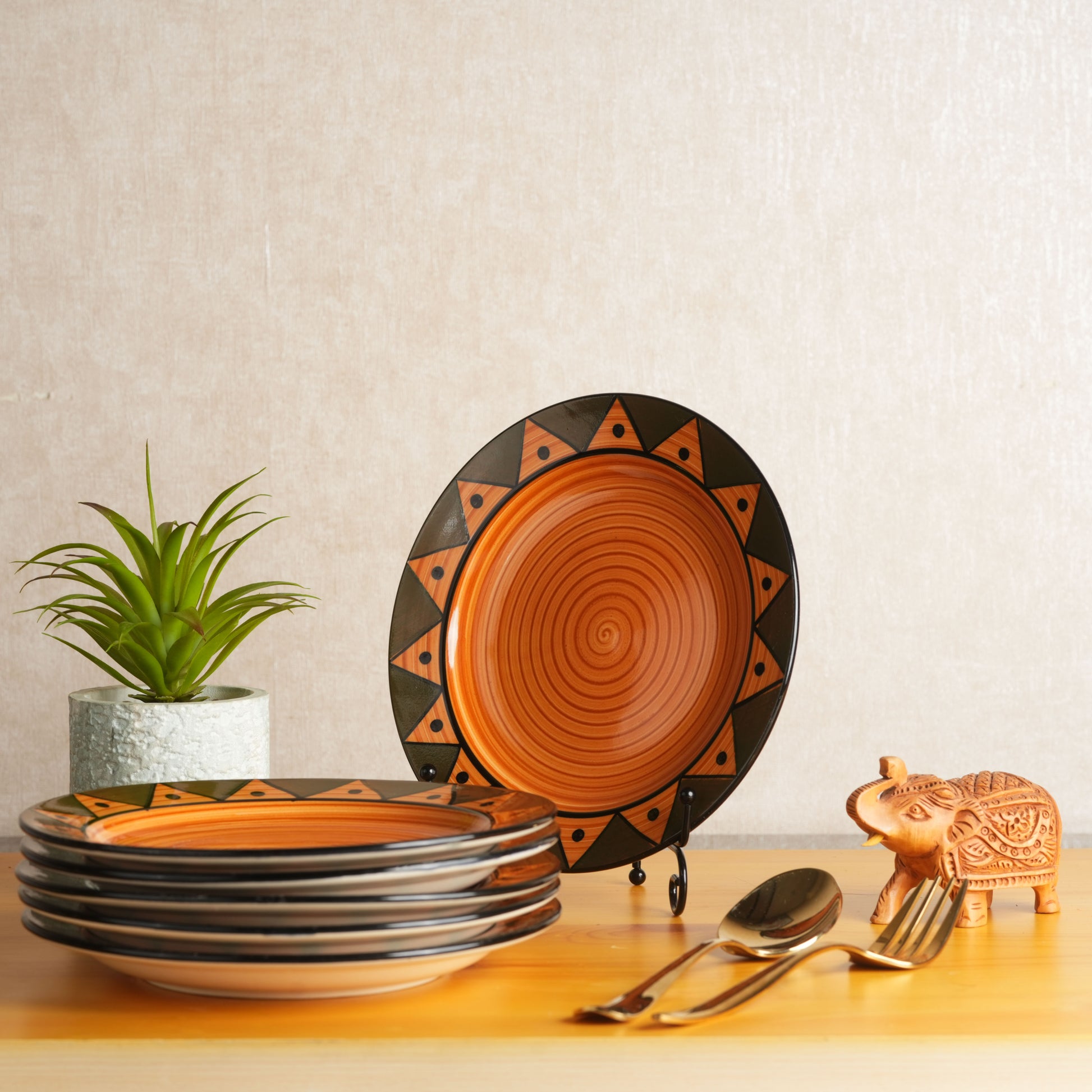 Caffeine Ceramic Handmade Stoneware Brown Soorya Print Dinner Plates 10 inch Set of 6 (Microwave & Dishwasher Safe) - Caffeine Premium Stoneware
