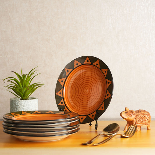Caffeine Ceramic Handmade Stoneware Brown Soorya Print Dinner Plates 10 inch Set of 6 (Microwave & Dishwasher Safe) - Caffeine Premium Stoneware