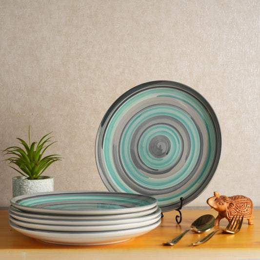 Caffeine Ceramic Handmade Stoneware Grey Teal Illusion Dinner Plate10'' Set of 6  (Microwave & Dishwasher Safe) - Caffeine Premium Stoneware