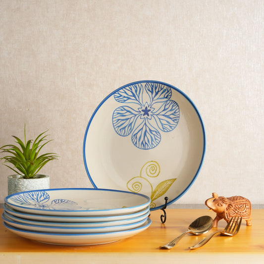Caffeine Ceramic Handmade White Stoneware Flora Dinner Plate10" Set of 6  (Microwave & Dishwasher Safe) - Caffeine Premium Stoneware
