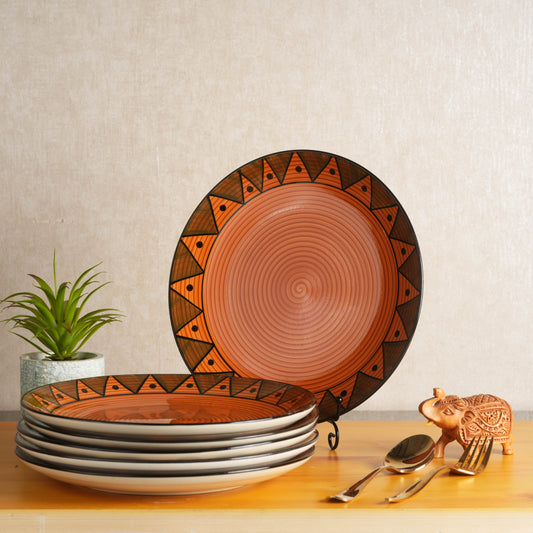 Caffeine Ceramic Stoneware Handmade Brown Soorya Dinner Plate 10" inch Set of 6  (Microwave & Dishwasher Safe) - Caffeine Premium Stoneware