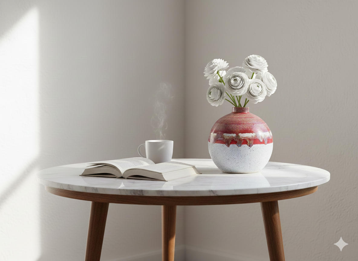 Round marble table with a vase of flowers, open book, and coffee cup on a neutral background