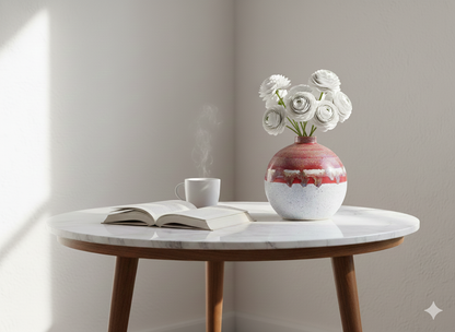 Round marble table with a vase of flowers, open book, and coffee cup on a neutral background