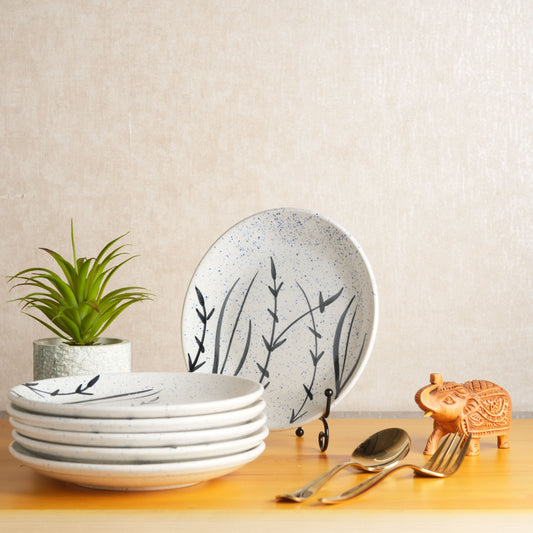 Caffeine Ceramic Handmade Stoneware White Bamboo Dinner Plate10'' Set of 6  (Microwave & Dishwasher Safe) - Caffeine Premium Stoneware