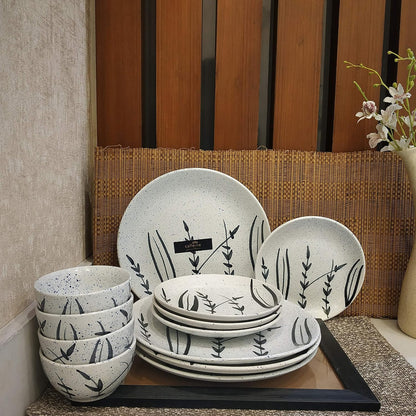 Caffeine Ceramic Handmade White Bamboo Combo Dinner Set (12 pcs.)