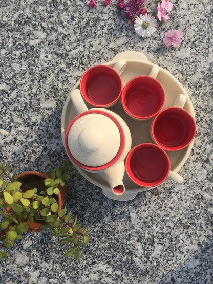 Caffeine Ceramic White and Red Tea Tray Set of 6 - Caffeine Premium Stoneware