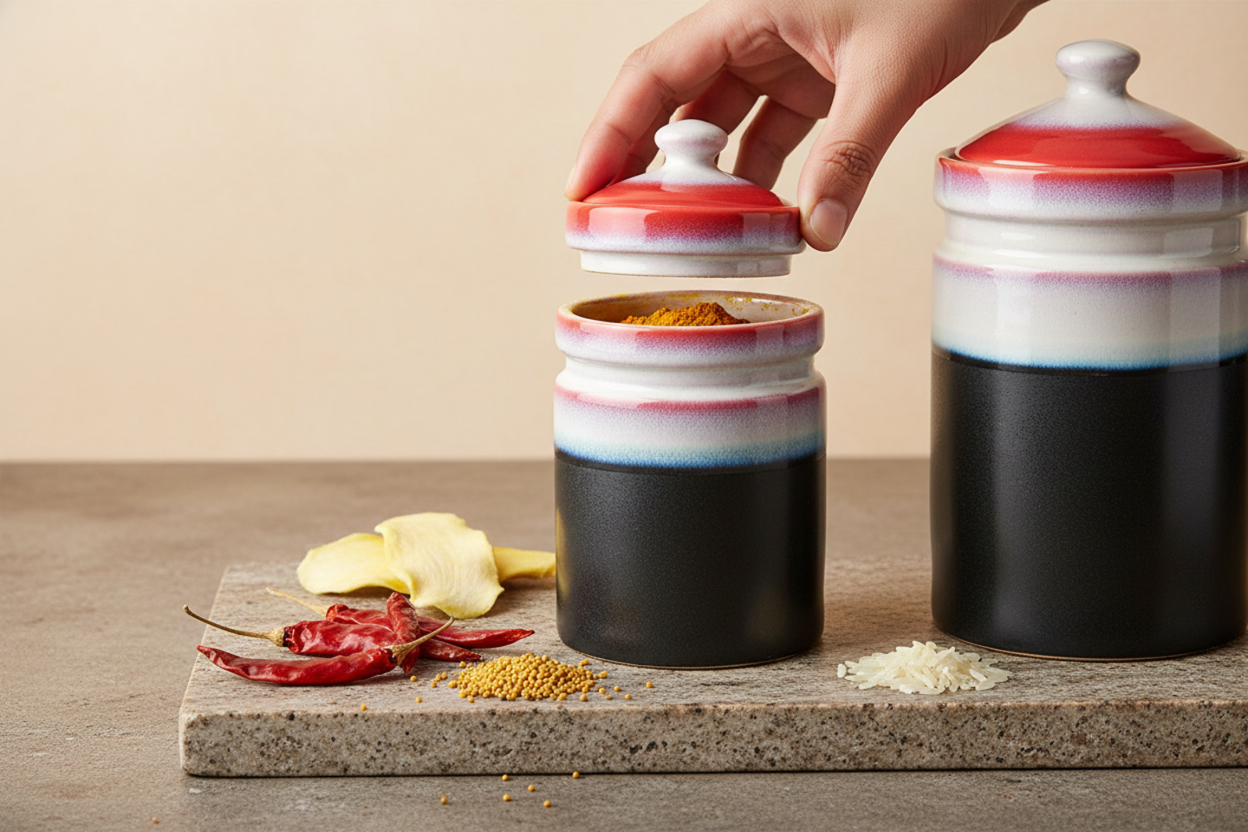 Caffeine Ceramic Stoneware Handmade White And Black & Red  Barni/Pickle Jar (Set of 3)