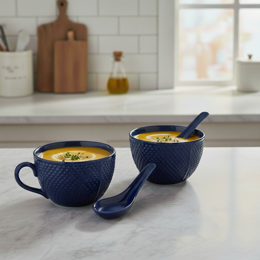 Caffeine Ceramic Handmade Blue Bubble Single Handled Soup Bowl with Spoon (Set of 2)